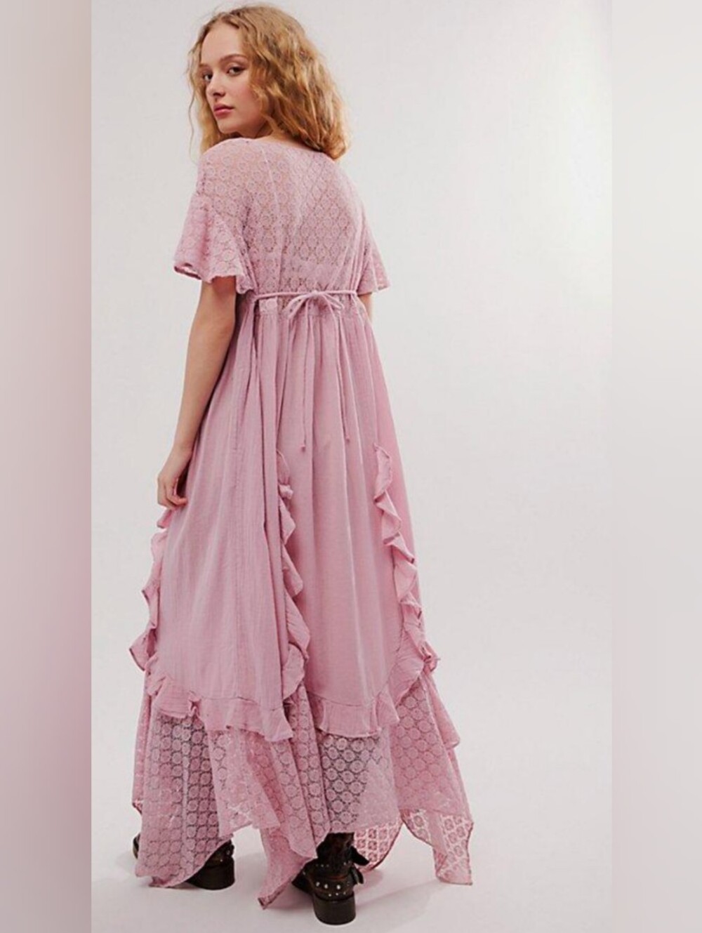 Free People Free-est Pink Cascading Ruffle Flutter Sleeve Lace Bodice Maxi Dress